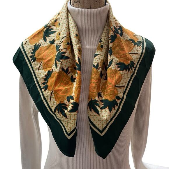 Vintage 70s Floral Scarf Orange Peony Mod Boho Chic Square 26" Retro Glam - Picture 2 of 5